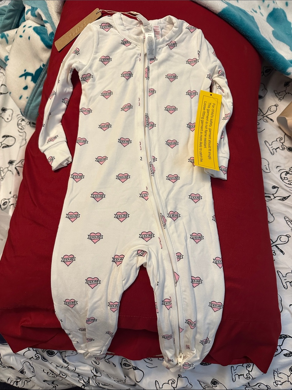 SKIMS White Footed One-Piece Pajama with Pink Heart Logo Print
